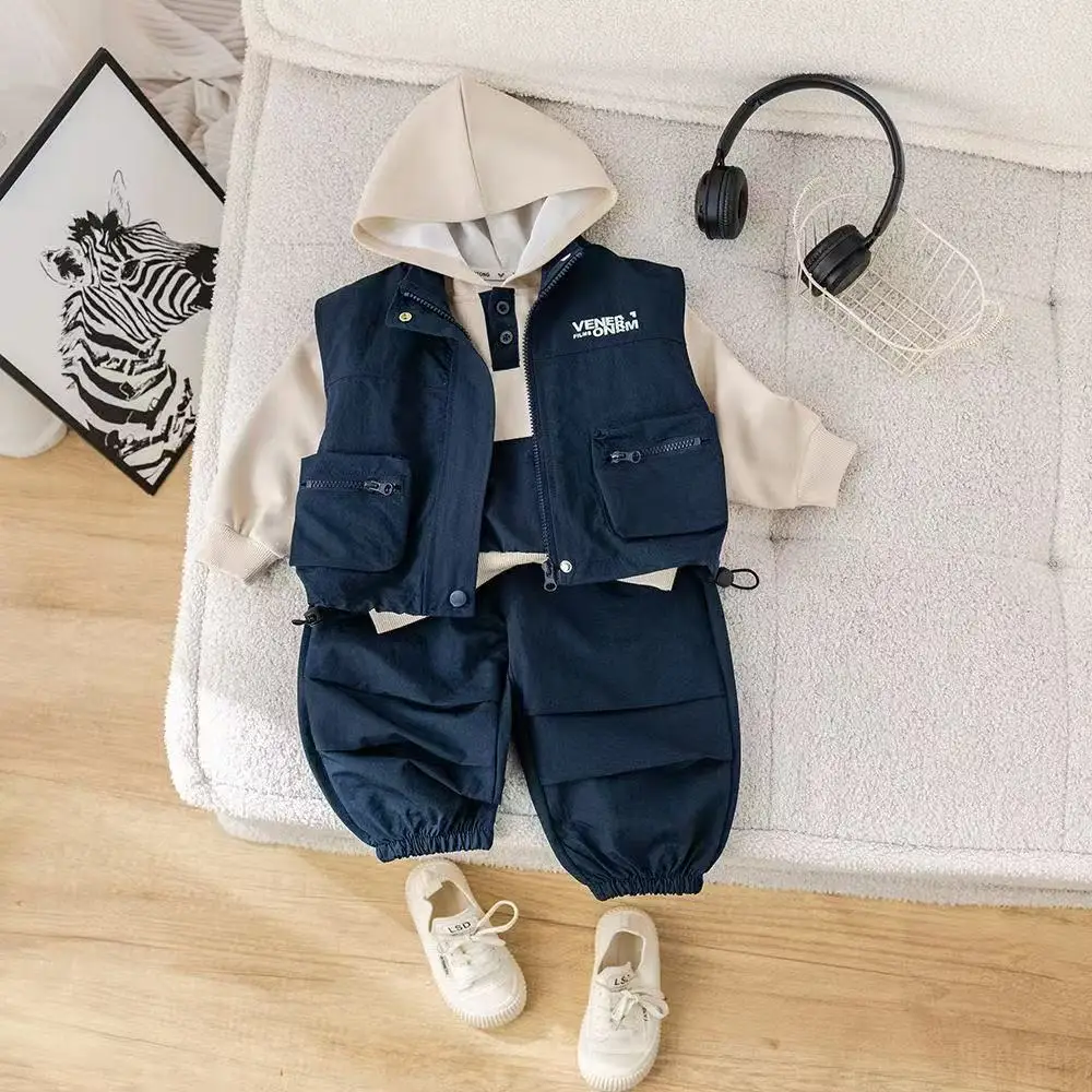 

Children's Spring Autumn 3-Piece Set Fashionable New Style Boys' Vest with 3D Pocket Hoodie Sweatshirt And Pants 3pcs
