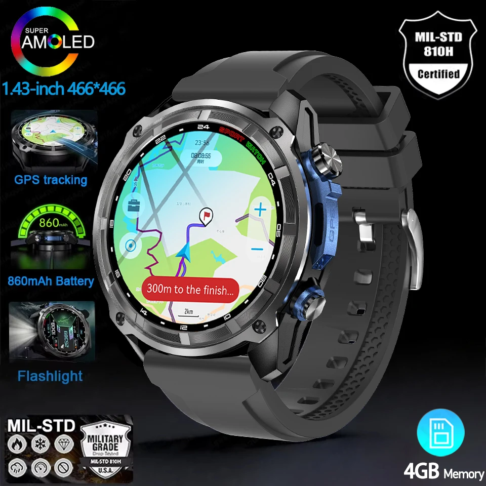 

Military 2025 New GPS 4GB Memory Sports Smart Watch Men Waterproof Fitness Trackr Bluetooth call 860mAh Battery Metal Smartwatch