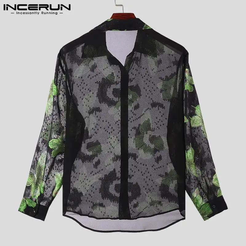 Incerun Heren Shirt Bedrukt Transparante Revers Lange Mouw Losse Heren Kleding Streetwear 2024 Sexy Mode Casual Shirts S-5XL