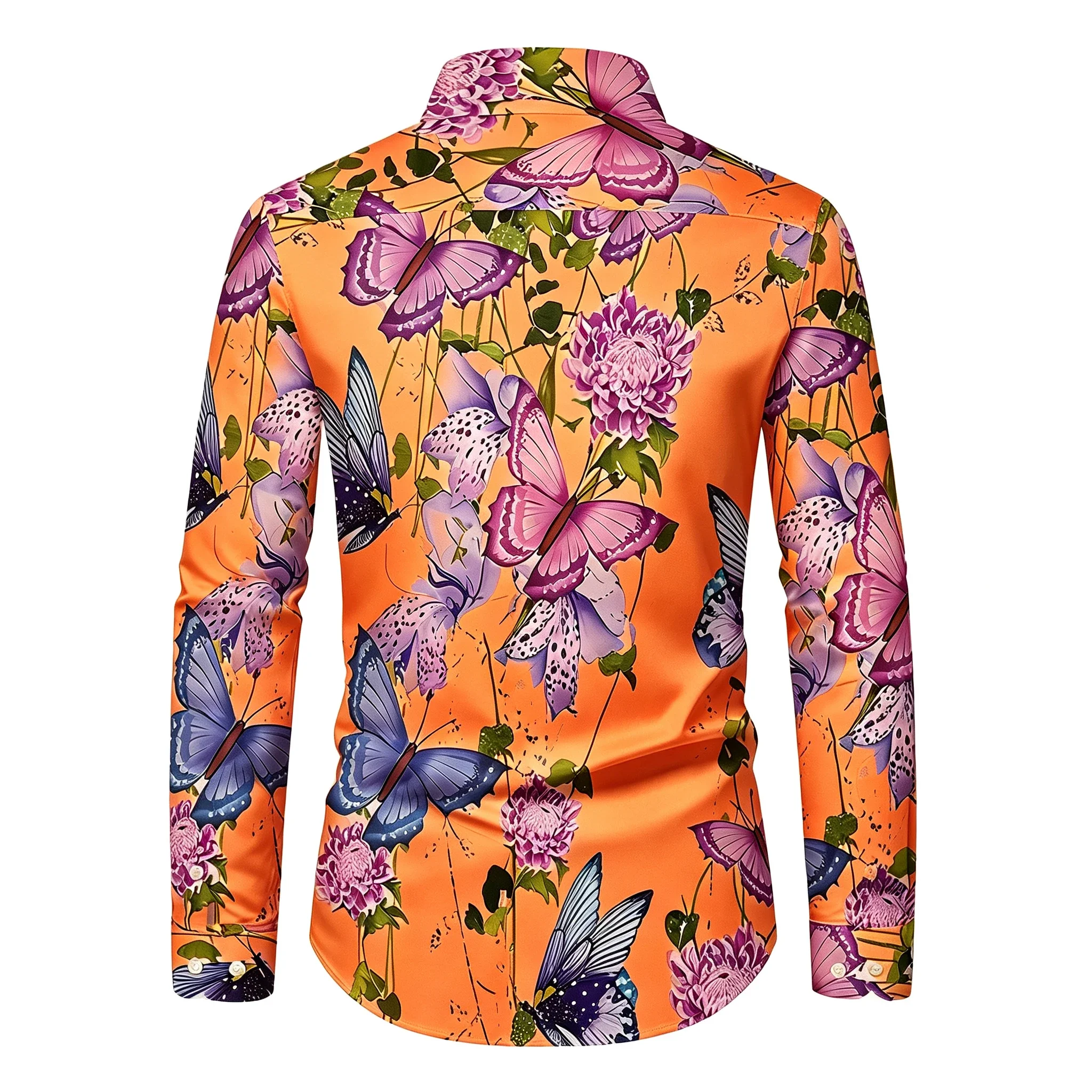 2026 Men's long-sleeved shirt with all-over butterfly and chrysanthemum print, stretchy, casual, collared, floral print