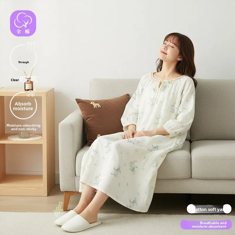 Women's 1-Piece Nightgown, New Chinese Floral Gauze, Long Sleeve Midi, Breathable Versatile Spring Summer Loungewear