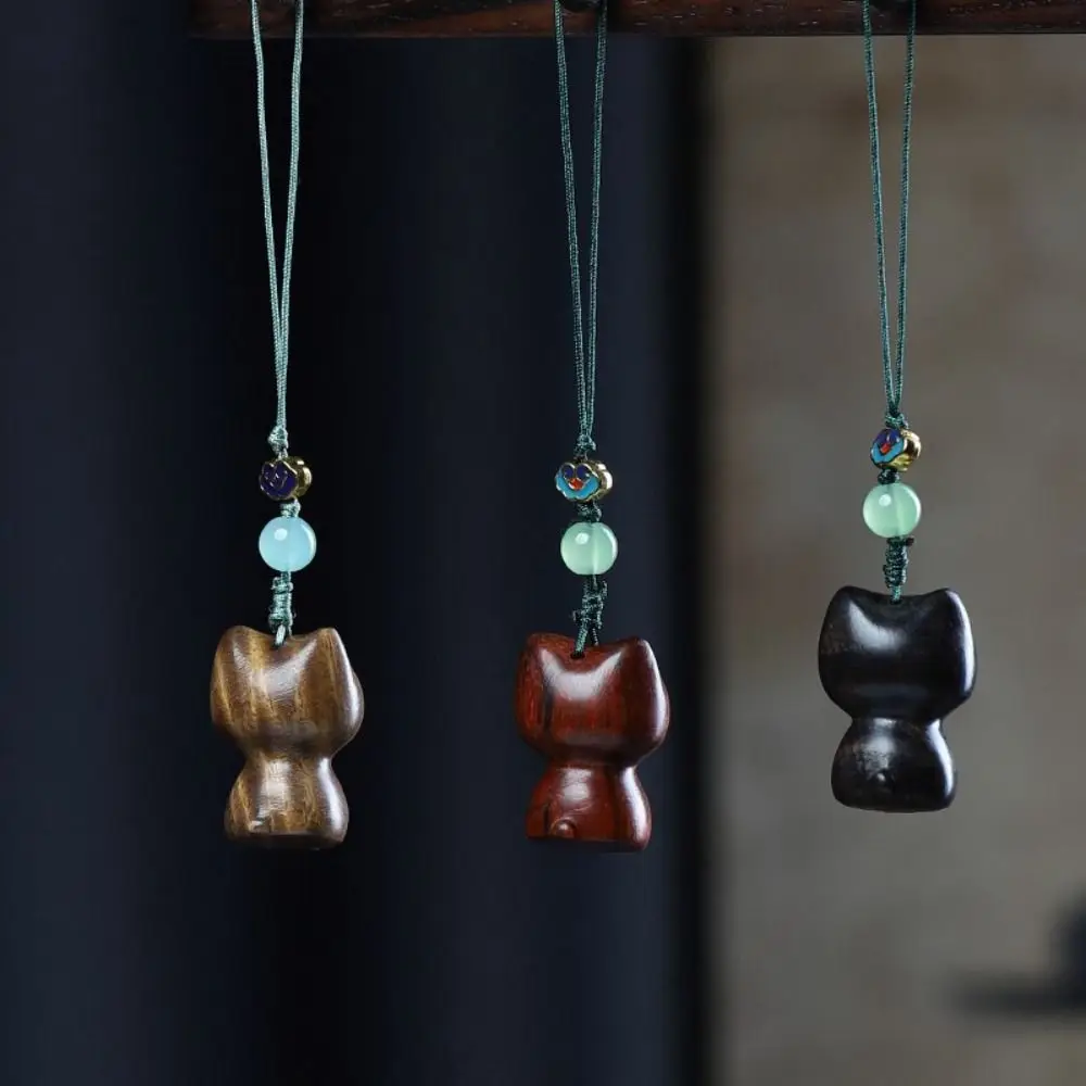Chinese Style Sandalwood Key Chain Pendant Key Charms Mobile Phone Ring Short Lanyard Hand-woven Lucky Cat Pendant Decoration