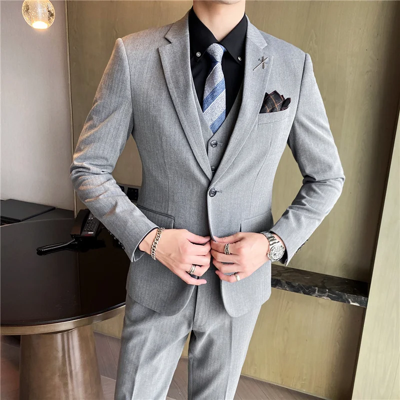 

( Jacket + Vest + Pants ) Fashion Boutique Striped Lattice Men Casual Business Three-piece Suit Groom Wedding Dress Stage Tuxedo