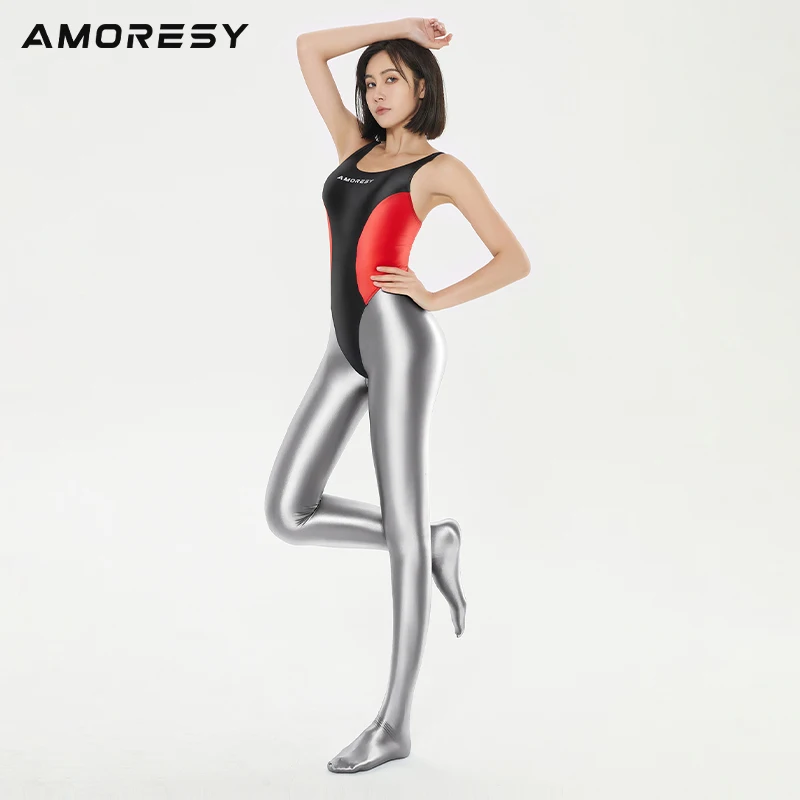 AMORESY leucothea series black and white color sexy high brightness high elastic tight elastic thong competitive T-back swimsuit