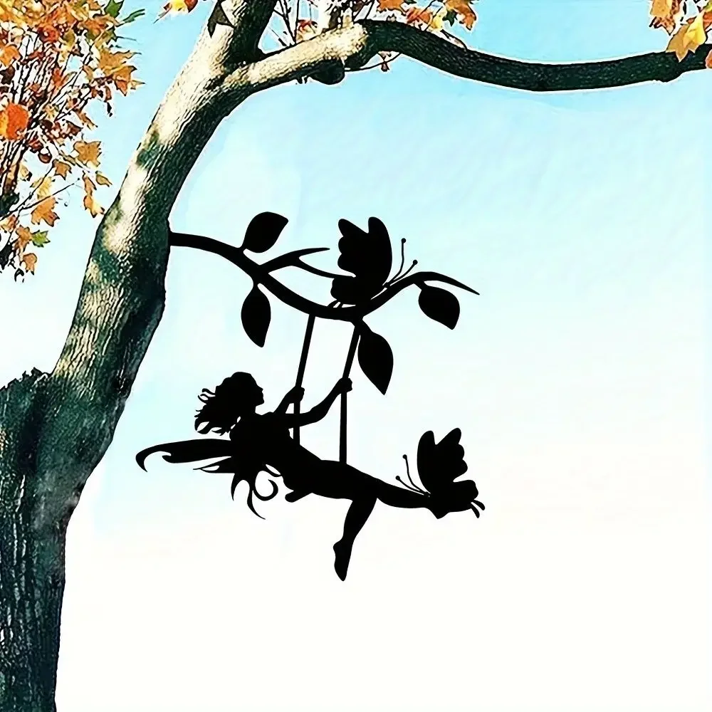 CIFBUY Fairy Swing Butterfly Branch Silhouette Metal Wall Art Sunset Nature Wall Hanging Decor