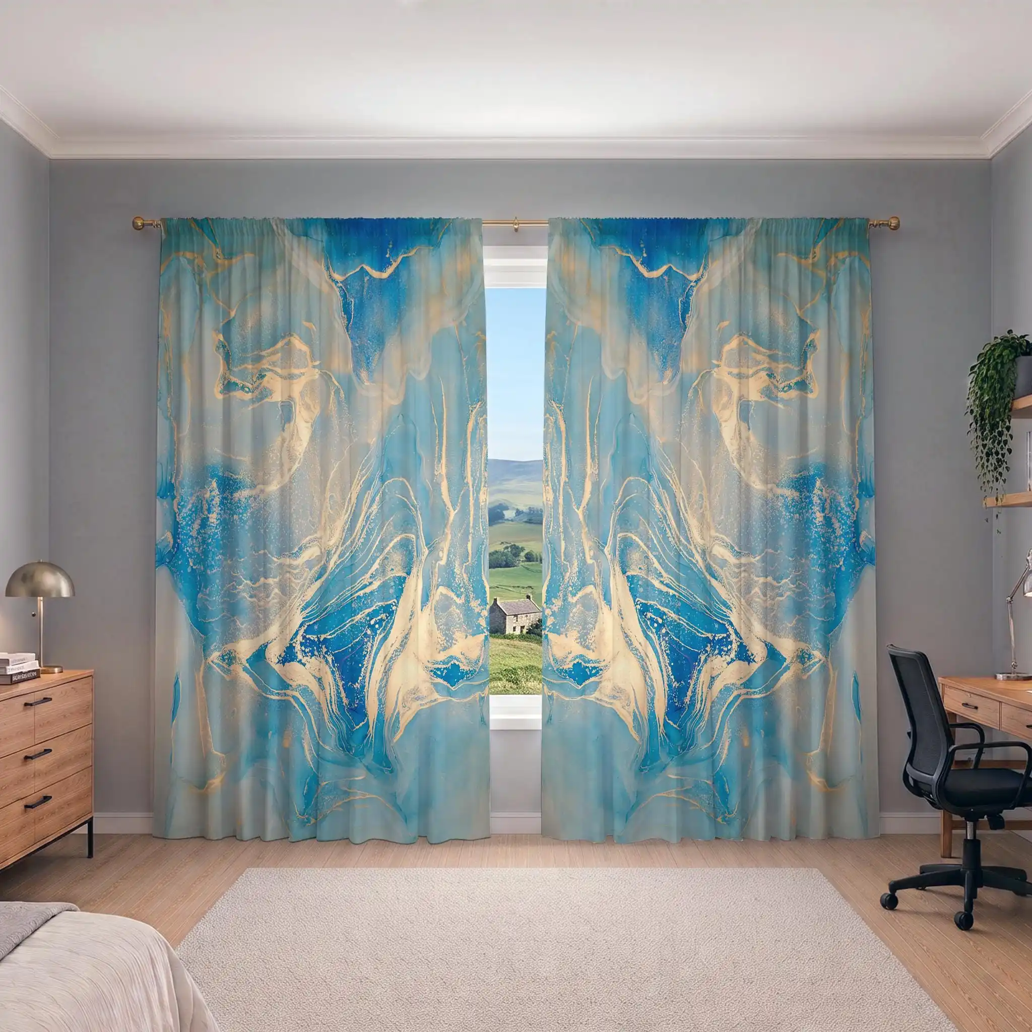 Elegant Blue Gold Abstract Wave Pattern Curtains for Living Room Home Decor Light Filtering Drapes