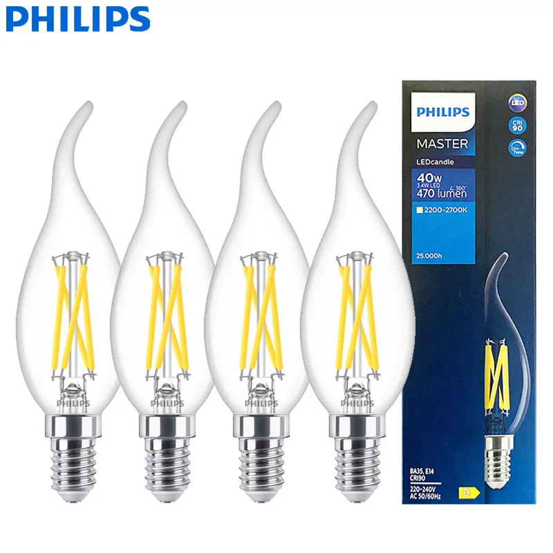 Philips Master LED Candle E14 Filament Lamps 3.4W(=40W) BA35 Classic Bulbs 220-240V DimTone Dimmable Warm White Decorative Light