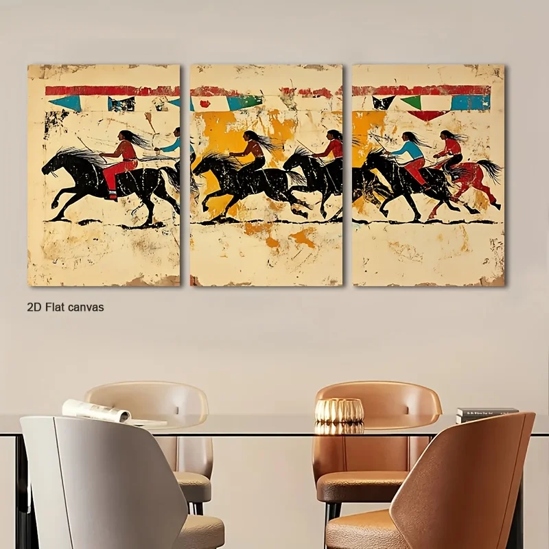 Frameless canvas 2D Flat, 2D Flat, 2D Flat Set Of 3 Local Rider Mura Canvas Wall Art In 2D Flat Design, Ideal For Decorating