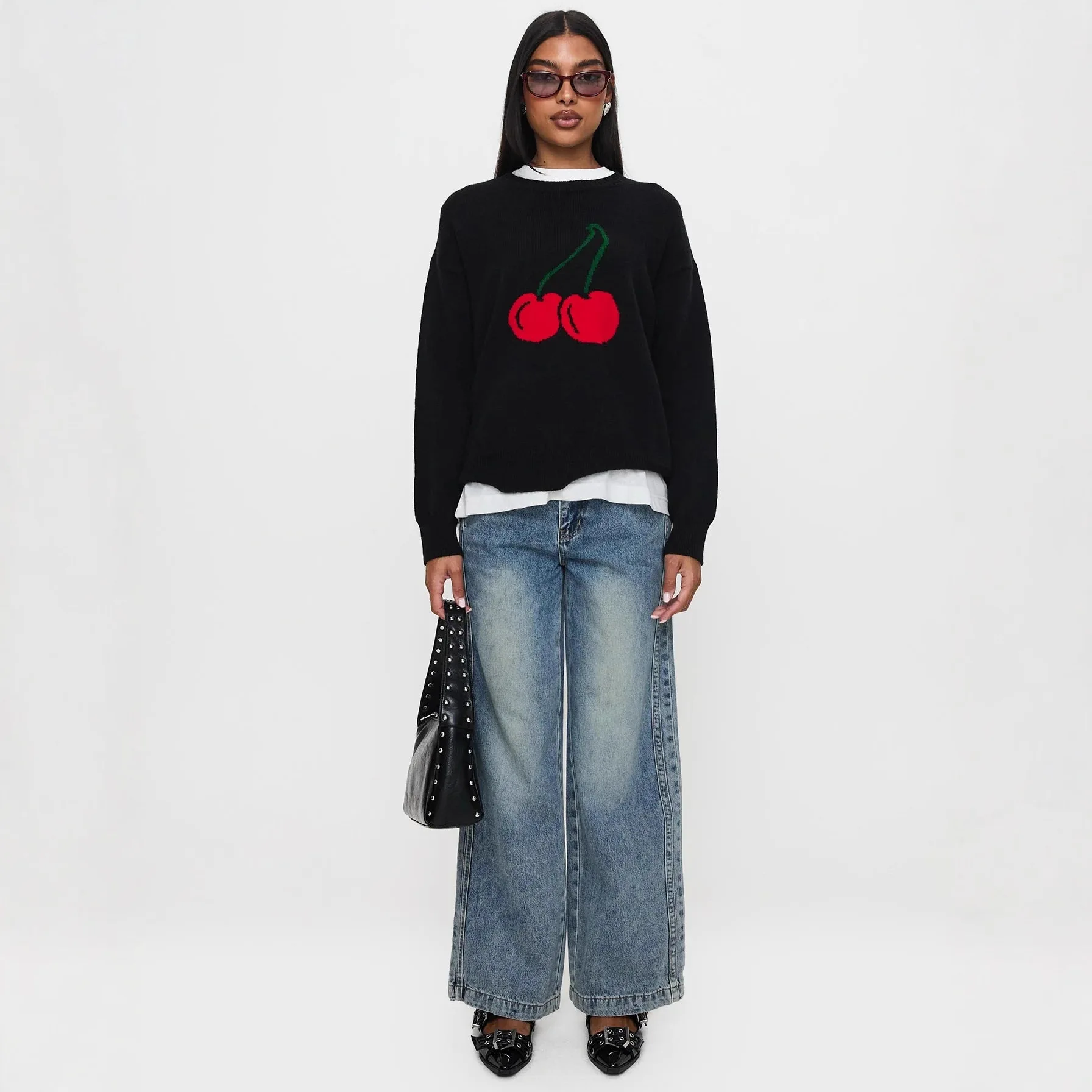 Women's New Round Neck Knit Sweater Loose Fit Cherry Print Top Cozy Oversized Long Sleeve Trendy Lazy Chic Style Soft Wool Blend