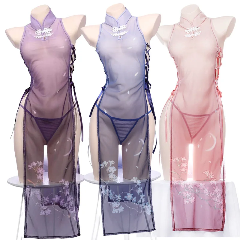 Anilv anime sakura cheongsam unform chi-pao feminino malha transparente flor vestido roxo qipao temperamento lingerie traje erótico