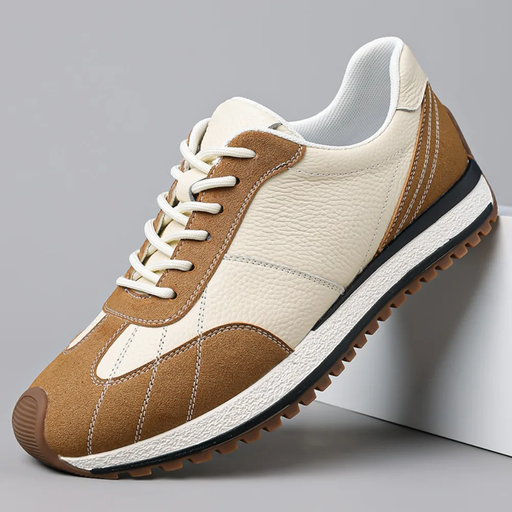 Men Genuine Leather Retro Sneakers Cow Suede Patchwork Casual Walking Shoes Rubber Sole Male Spring Daily Commuter Driving Shoes