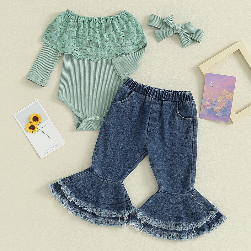 

2023-10-17 Lioraitiin 0-24M Newborn Baby Girl Clothes Infant Rib Frill Long Sleeve Romper Flared Pants Headband Set 3pcs Outfits