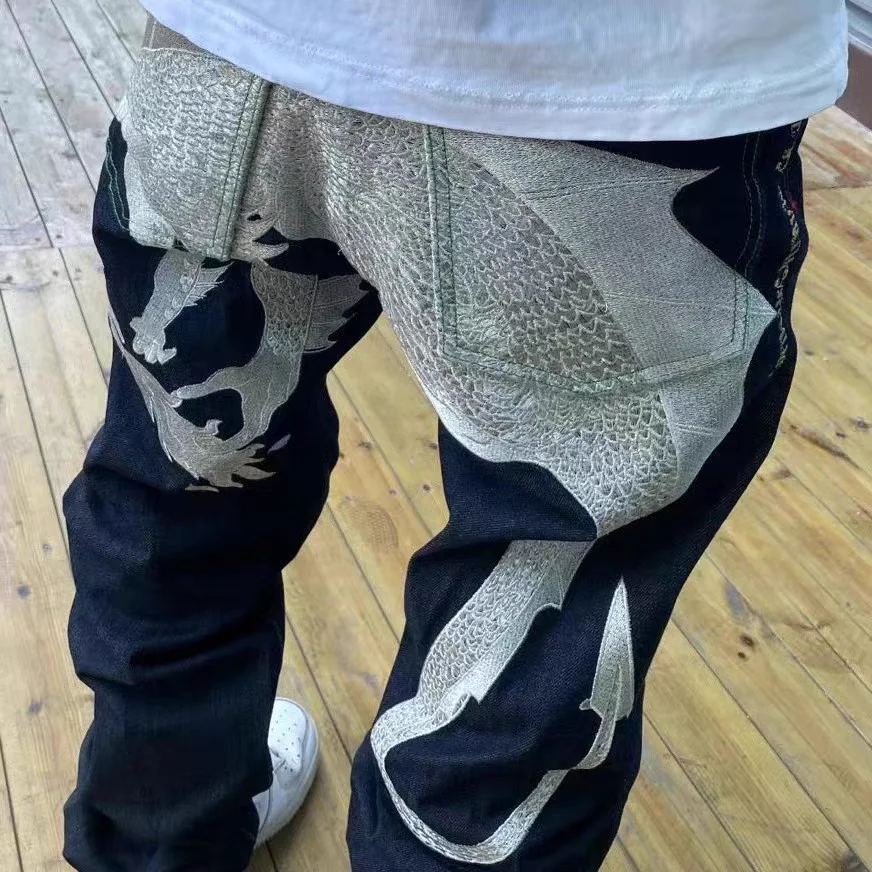 

Heavyweight Embroidery RMC Silver Dragon Unbrided Original Bull Ear Cuffed Slim Fit Men's Jeans Youthful Casual Long Pants