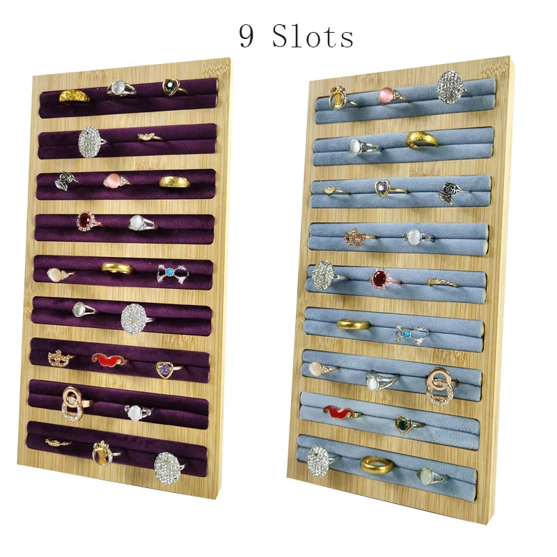 

Jewelry Display Stand 9 Lines Ring Tray Bamboo Jewelry Showcase Ring Organizer Tray Luxury Velvet Plate Multi Color Available