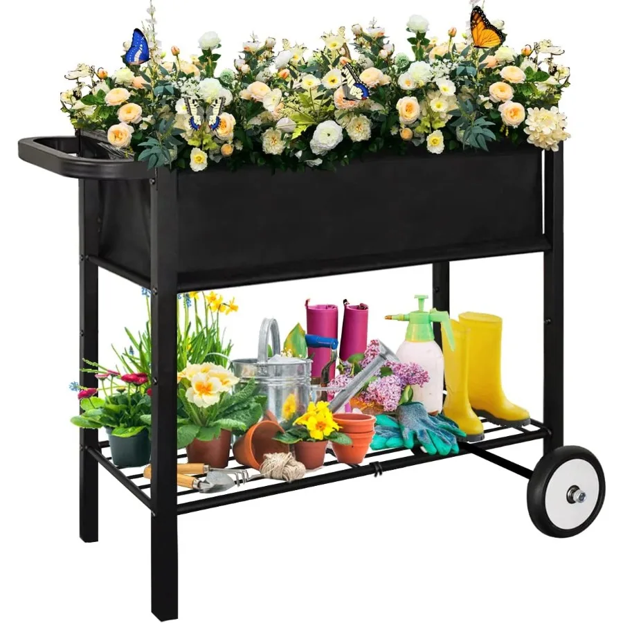Outdoor Raised Planter Bed Box with Legs for Gardening Elevated DIY Garden Cart on Wheels for Vegetables Flower Tomato Herb Pla
