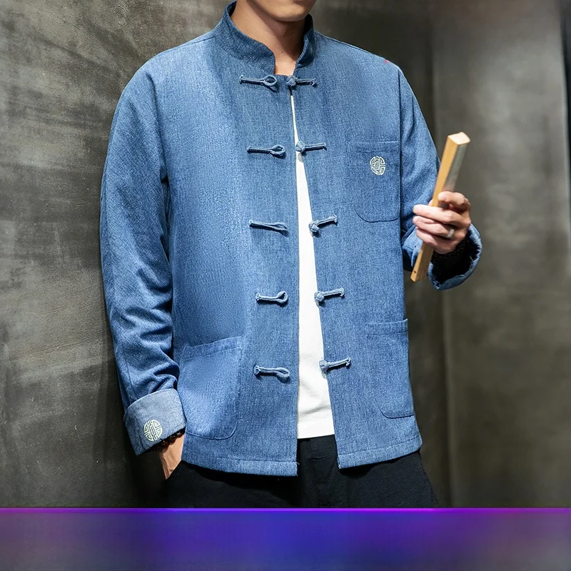 

New Chinese Sle Men's Denim Jaet Embroidered Tang Costume Oversize Faionable Urban Spring Long Sve Loose Fit Coat