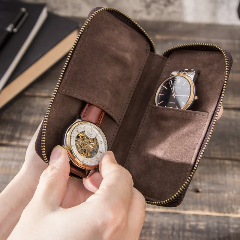 

First Layer Cowhide Two Watch Bags Handmade Couple Watch Storage Box