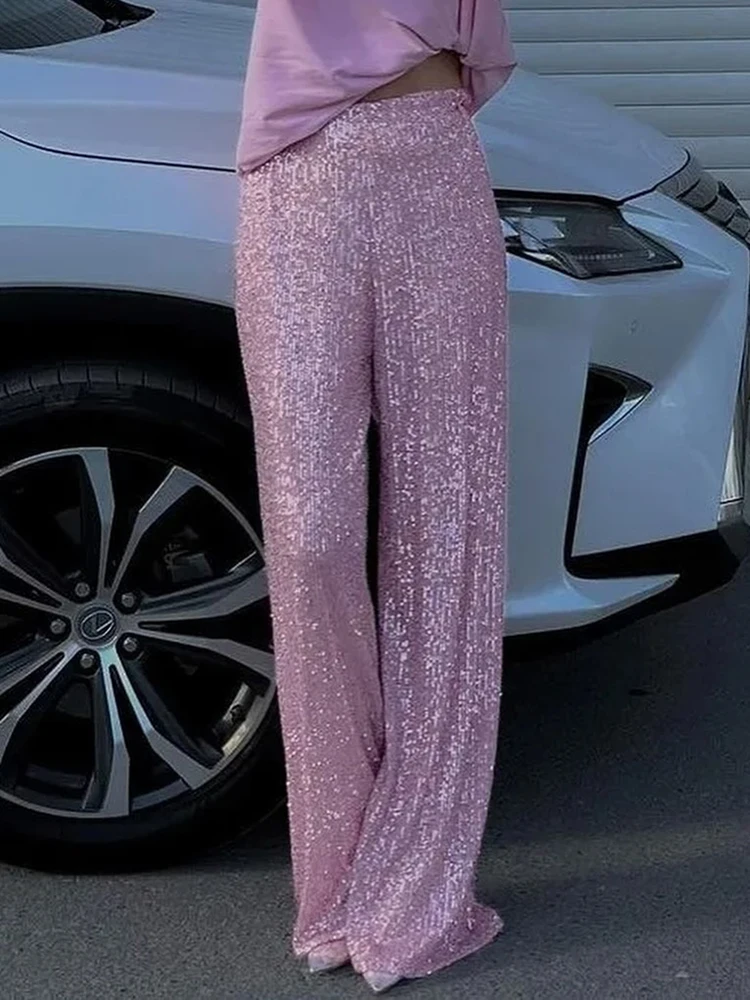 Elastic Waist Patchwork Sequined Trousers Women Loose Fit Streetwear Long Pants Chic Lady Spring Autumn Straight Pants 2026 New