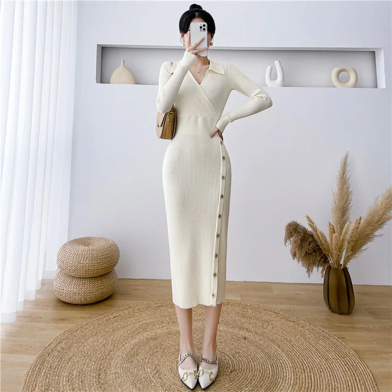2025 Abito longuette lavorato a maglia con scollo a V moda femminile elegante abito aderente aderente in vita donna autunno inverno abiti maglione dimagrante