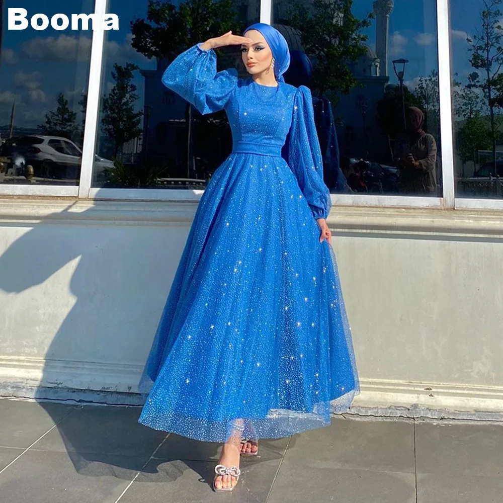 

Booma Blue Shiny Modest Evening Dresses High Long Puff Sleeves Sequined Formal Occasion Dress for Women Midi Party Prom Gowns