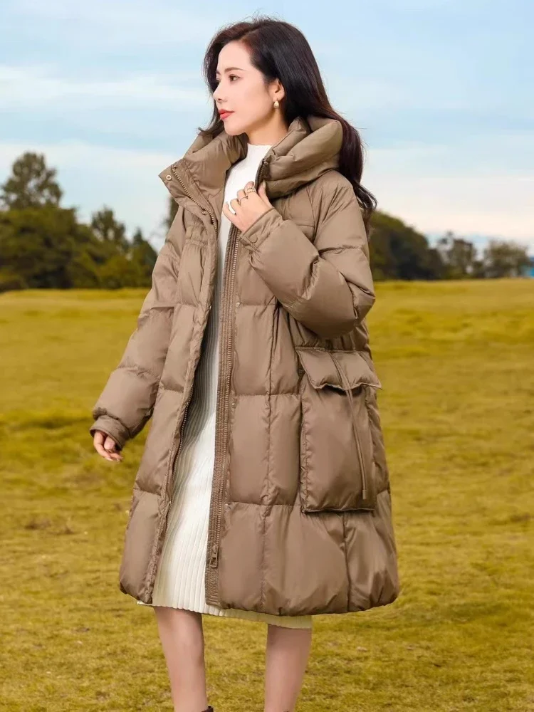 Chaqueta de plumón de pato blanco grueso para mujer, abrigo holgado con capucha de alta calidad, talla grande, línea A, elegante, para ir al trabajo, novedad de invierno