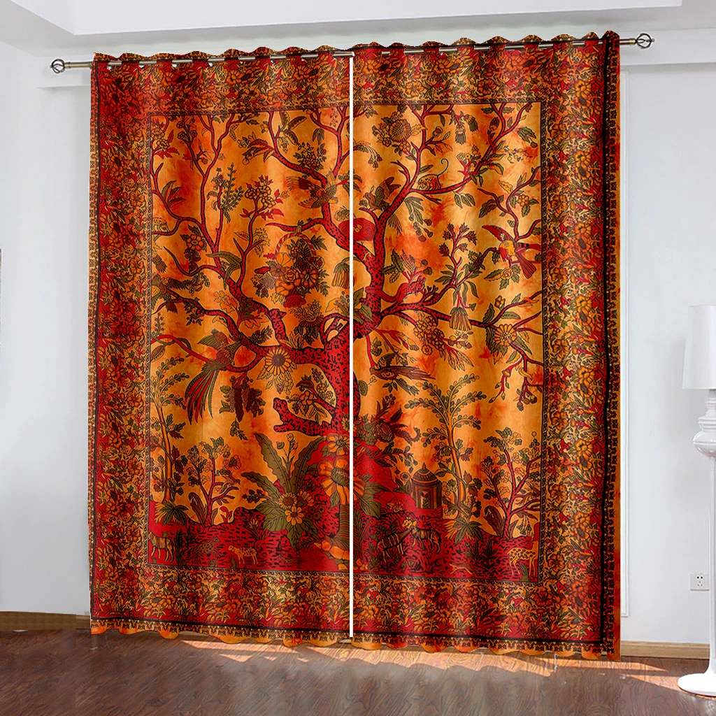 

2pcs Bohemian Hippie Window Curtains Life Tree Room Decor for Bedroom, Living Room, Dorm Room - Soft and Stylish Home Decor