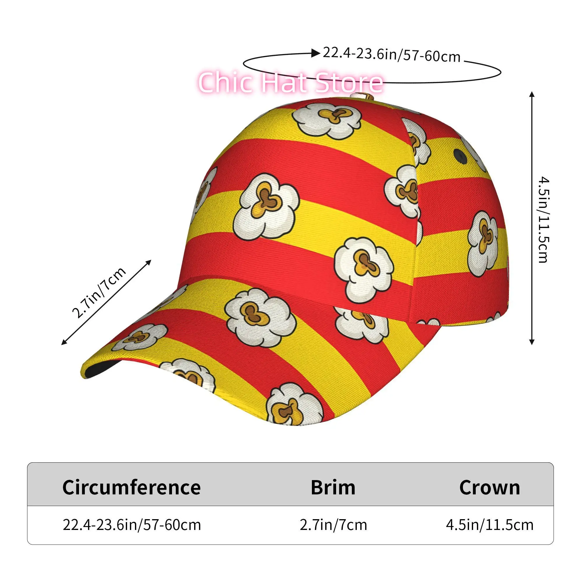 Popcorn Pattern on Red and Yellow Stripes, Fashionable Printed Baseball Cap, Curved Brim Baseball Cap, Sports Running Cap, Adjus