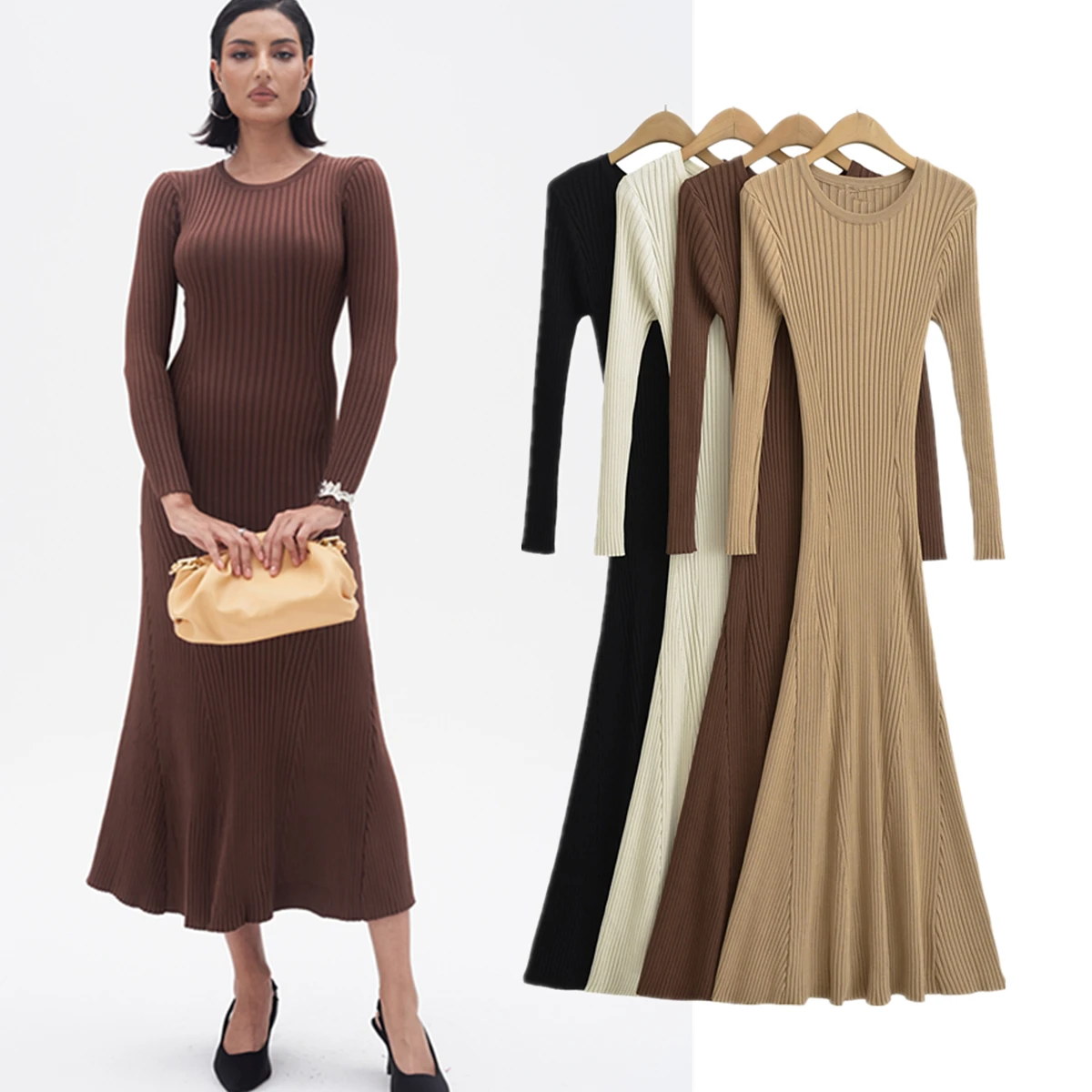 

Jenny&Dave French Fashion Casual Round Neck Knitted Slim Fit Dress Women Rib Textures Minimalist Maxi Dress Long Dress