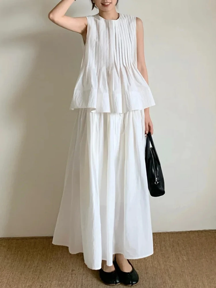 VGH Solid Folds Two Piece Sets For Women Round Neck Sleeveless Tops High Waist A Line Skirts Minimalist Casual Set Female New