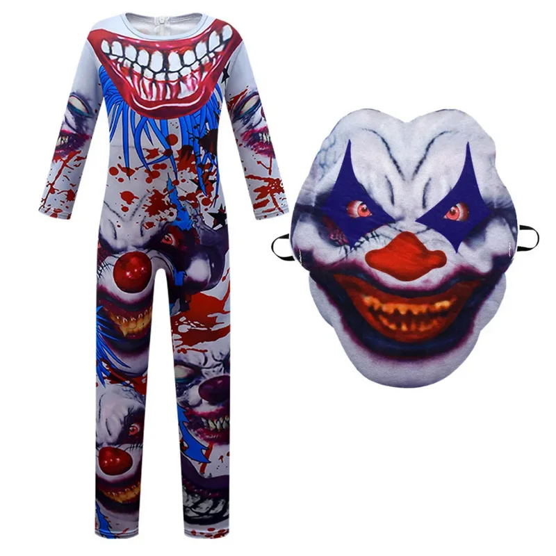 Kids Terrifying Clown Costume Horrorous Bloody Mouth Printed Halloween Nightmare Cosplay Jumpsuit   Mask Scard Smiling Face