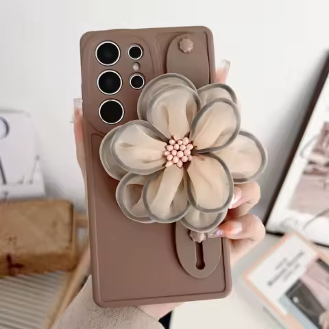 For Samsung Galaxy S24 S23 S22 S21 FE Ultra A14 A24 A34 A54 A53 A05S 3D Flower Brown Khaki Wrist Strap Holder Classic Back Case