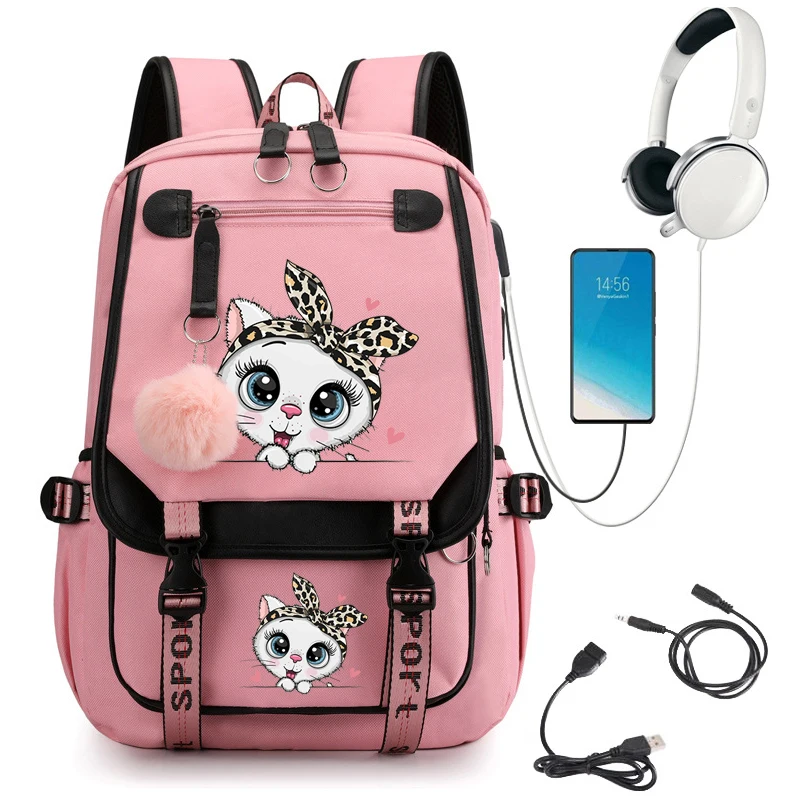 High School Bags for Girls Student USB School Backpack Bags Teenage Girl Campus Backpack Funny Leopard Cat Print Students Bags