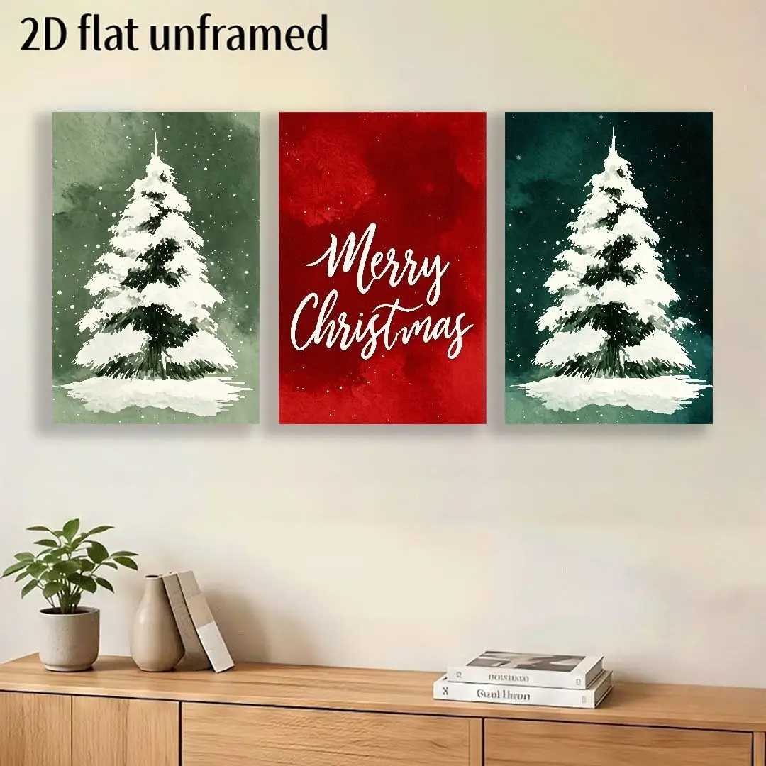 2D Flat, 3pcs Frameless Minimalist Modern Christmas Tree Snow Wall Art - Vertical HD Canvas Suitable for Living Room, Bedroom