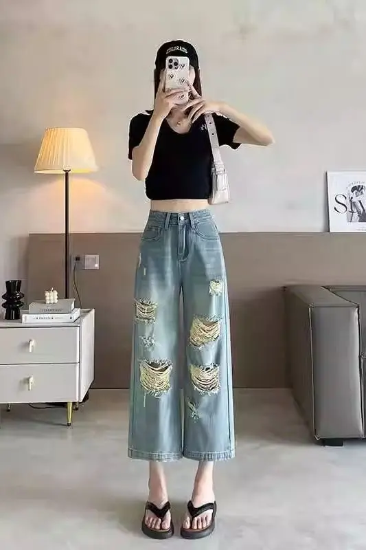 

2025 новые модные рваные мешковатые джинсы женские 2025 весна-лето с высокой талией повседневная уличная одежда свободные широкие брюки мода Wh2