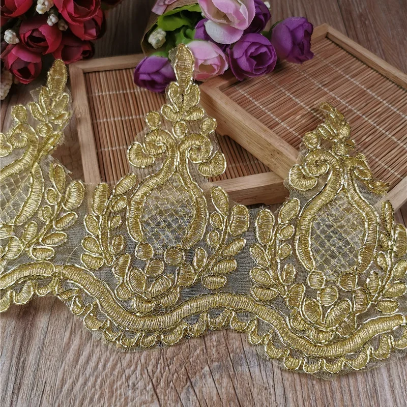 1Yard Gold Line Flower Mesh Lace Fabric Trims For Sewing Lace Applique Handmade Craft for Wedding Dec Pineapple Shape 12cm Width