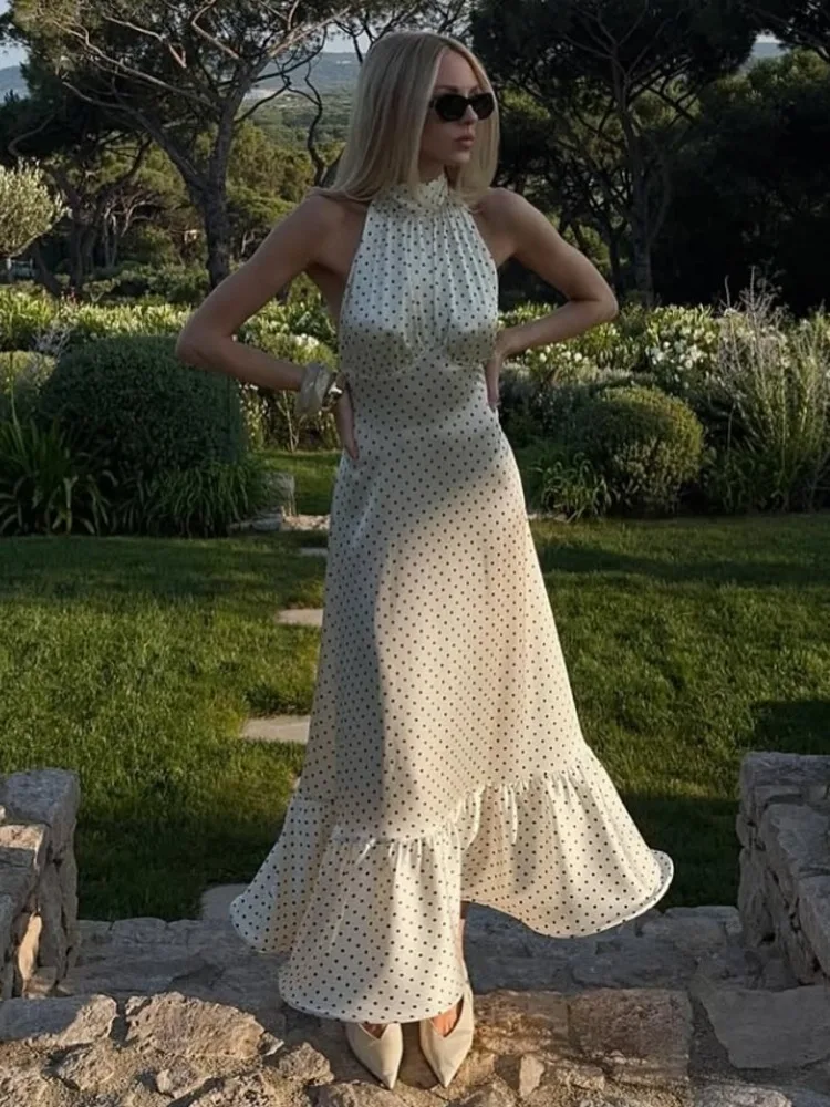 Articat エレガントなノースリーブ水玉サテンロングドレス女性のセクシーな背中の開いたボディコンパーティークラブイブニングドレススリム Vestidos