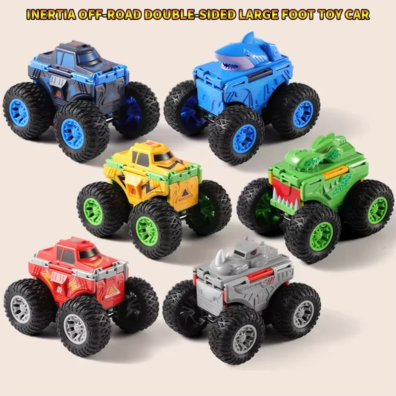 Children's simulated off-road vehicle with double-sided deformation inertia cartoon dinosaur resistant toy car