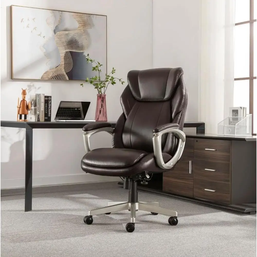 

Executive Office Chair, Brown Leather, Large Size, Active Lumbar Support, Ergonomic Design with Silver Base - Supports up to 350