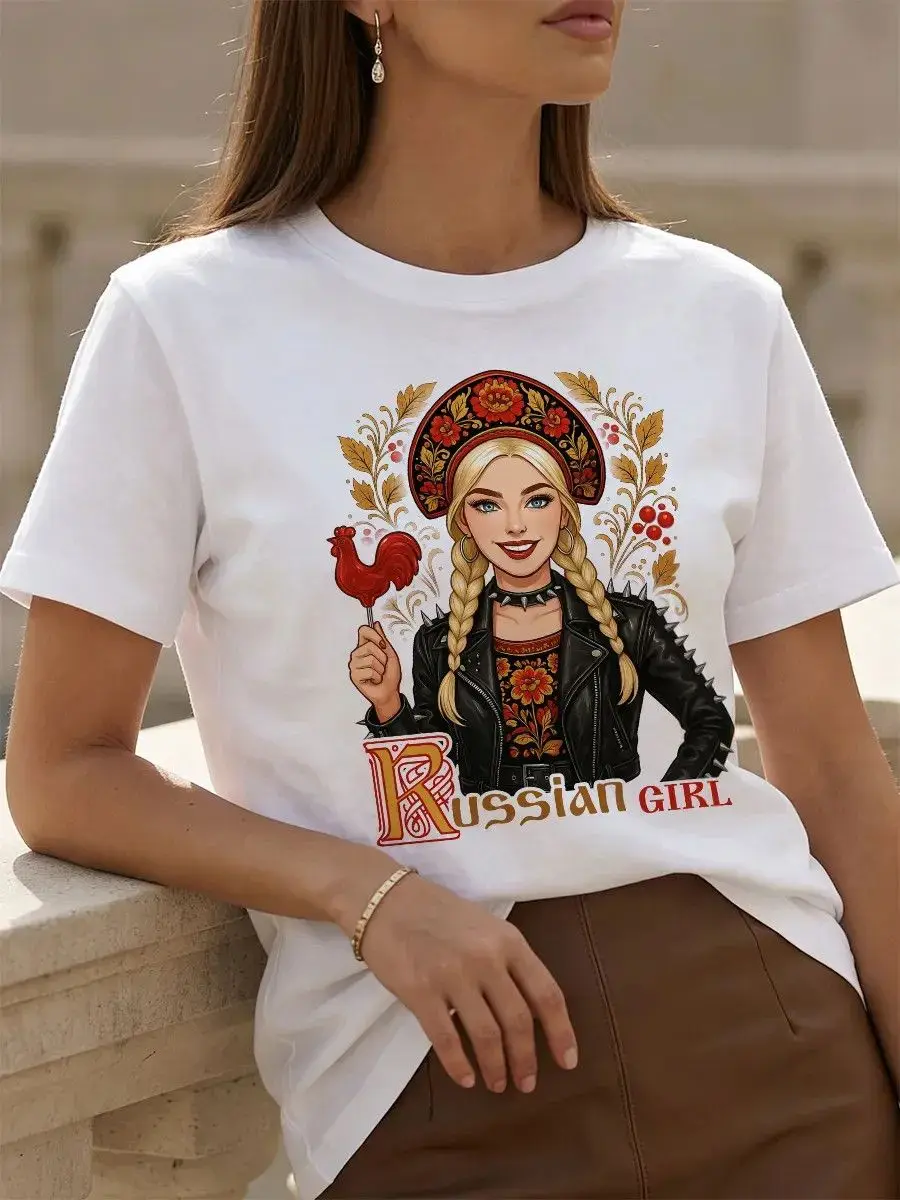 Russisches Mädchen Porträt Grafikdruck T-Shirt Damen Vintage Sommer Lässige Mode O-Ausschnitt Übergroße Streetwear Y2k Kleidung