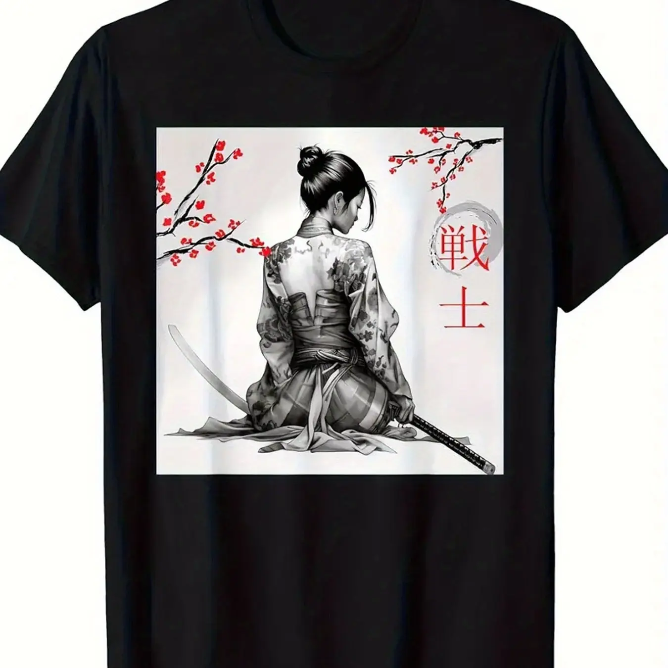 2026Men's  Cotton T-Shirt Japanese Samurai Sakura Wood Engraved - Crew Neck Regular Short Sleeve
