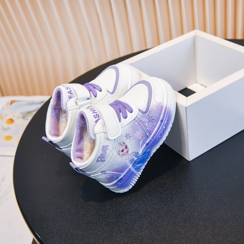 

Детская повседневная обувь Disney 2021, зимние новые модные кроссовки из искусственной кожи «Холодное сердце», принцесса Эльзы, обувь для девочек, толстая обувь