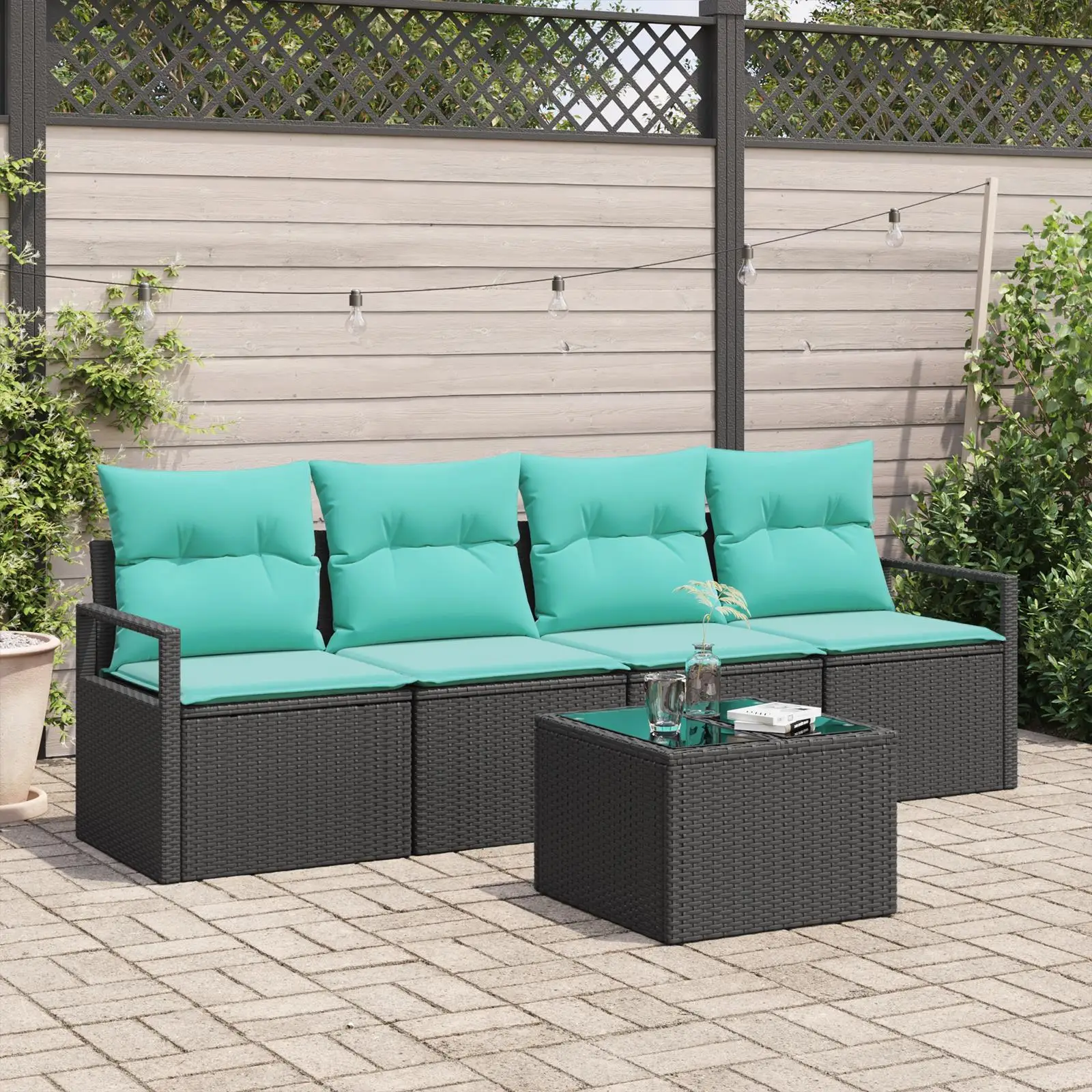 

5 Piece Black Rattan Sofa Set with Cushions Outdoor Patio Furniture Garden Seating