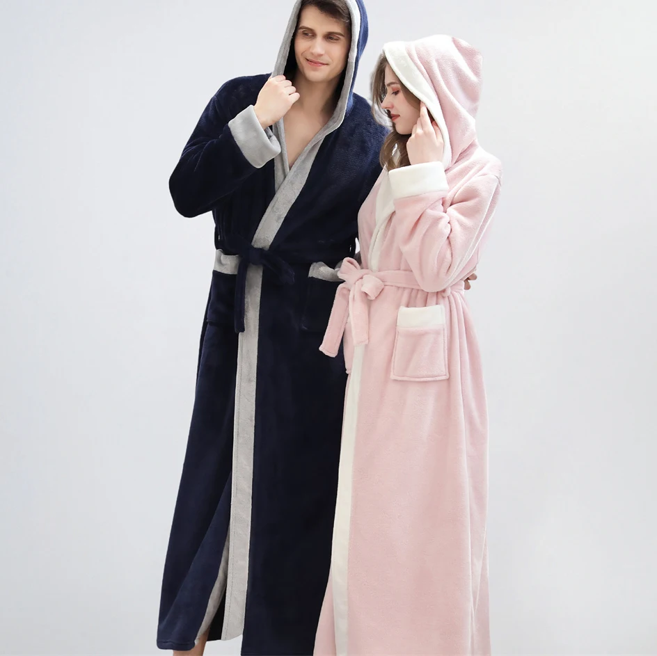 

Flannel Hooded Couple Long Robe Home Dressing Gown Autumn Winter New Bathrobe Kimono Gown Sleepwear Thicken Warm Loungewear