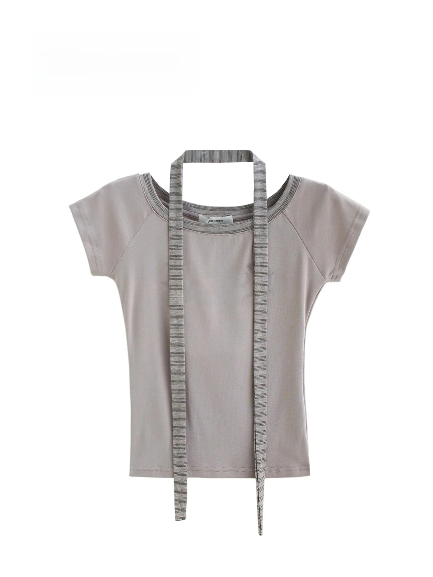 Summer New Style Short Sleeve round Neck T-Shirt Women's Top Millennial Light Cotton Printed Striped Scarf Neck T-Shirt
