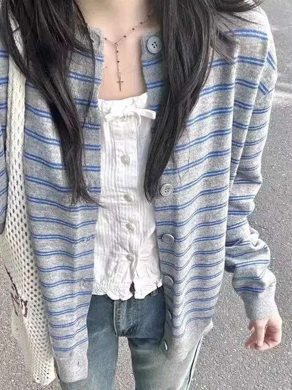 

Retro Striped Open Cardigan Soft Knitted Outerwear Color Block Women's Spring New Lazy Style Korean Trendy Long Sleeve round ...