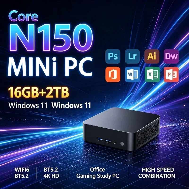 Household Mini Computer Intel N150 Windows11 16GB RAM Optional 1TB/2TB SSD WiFi 6 BT5.2 4K UHD Remote Work Study Mini Desktop PC