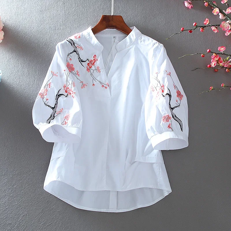 SuperAen 2023 Loose Retro Style Embroidered Retro Design Fashion High-waisted Tops Women Cotton Shirt Blouse Women