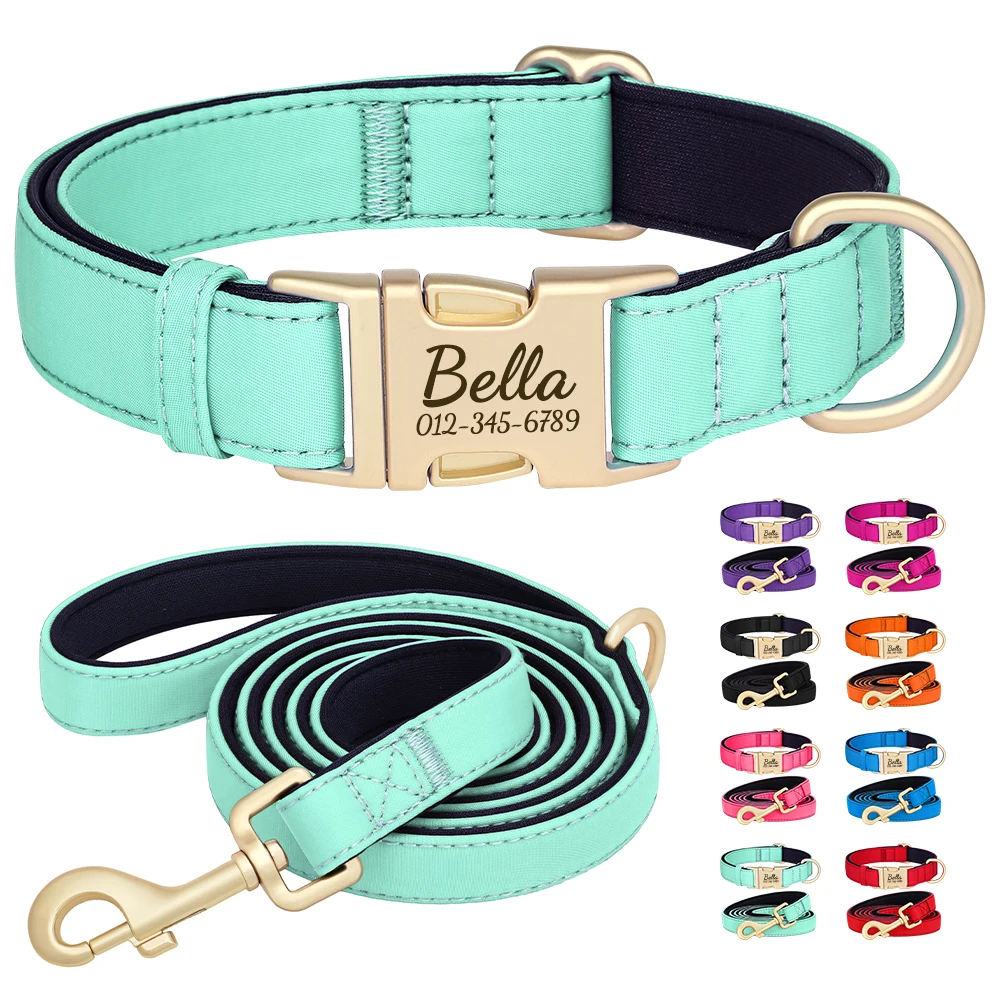 Personalized Dog Collar Leash Set Durable Nylon Dog Necklace Free Engraving Pet Puppy Collars With Lead Waterproof For Dogs Pug