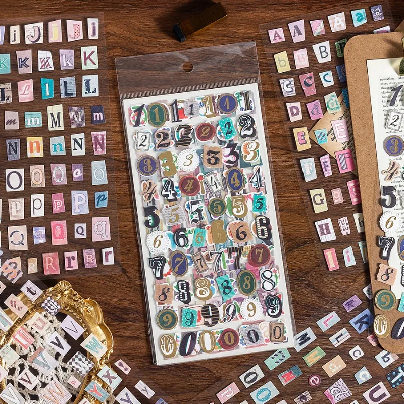6개 세트 빈티지 스타일 문자 및 숫자 스티커 - 창의적인 DIY 저널 장식 예술적 레트로 콜라주 스티커