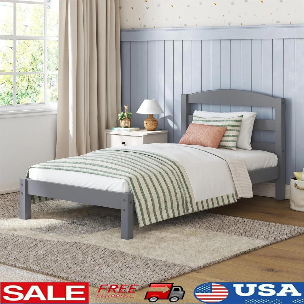 

Wood Twin Size Bed Frame Platform Kids Sturdy Solid Wood with Arched Headboard Under Bed Storage No Box Spring Required